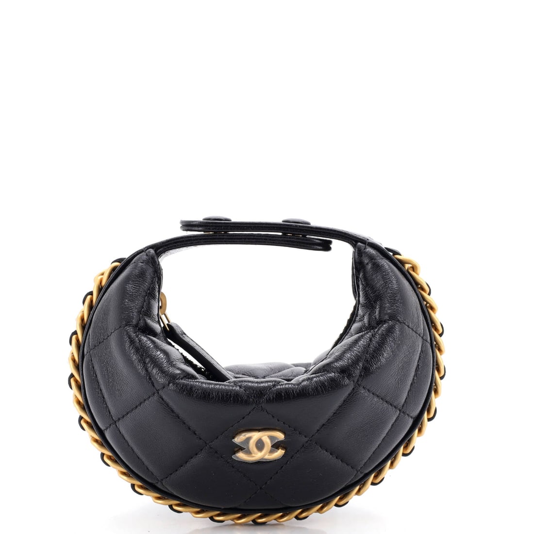 Chanel Chain Around Hobo Pouch Quilted Lambskin: Chain threaded around the entire outline is the identifying feature of this pouch, and at 6 by 4 inches there is a lot of chain relative to leather. That ratio is the appeal, hardware forward and quil