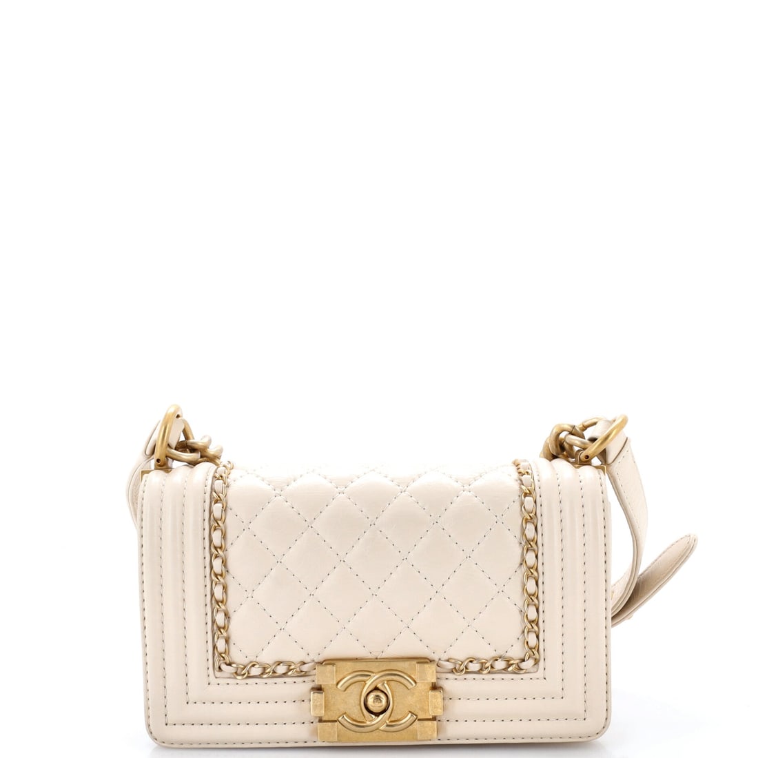 Chanel Jacket Boy Flap Bag Quilted Aged Calfskin: Smaller than the medium at 8 by 5 inches, this Boy trades capacity for a neater line on the body, and its 21 inch strap drop reaches true crossbody height. Doubled to an 11 inch handle drop it becomes