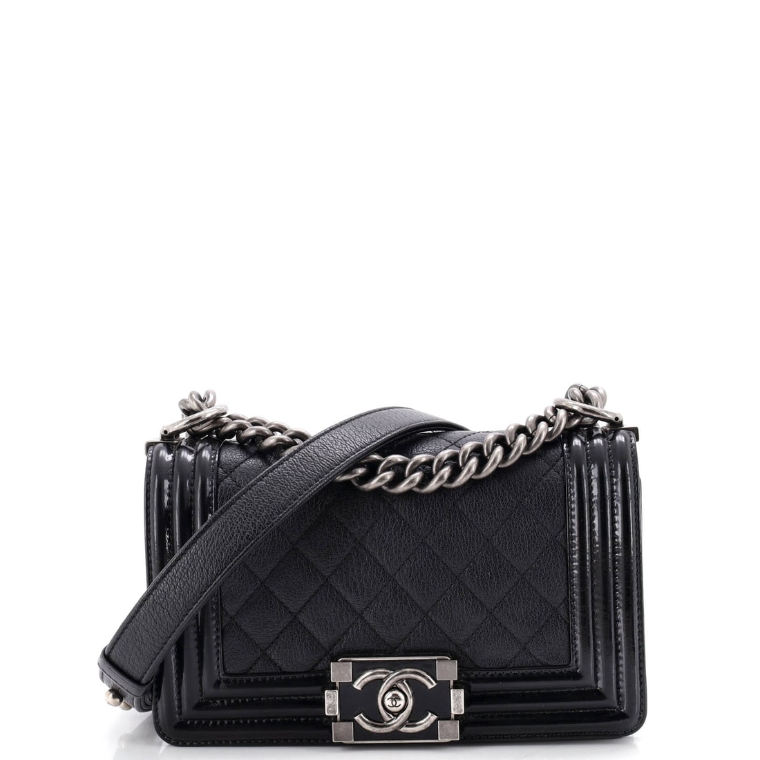 Chanel Boy Flap Bag Quilted Goatskin with Patent: Goatskin quilts drier and more matte than lambskin, and the patent on this Boy sets up a contrast between flat and glossy across the same front. Standard dimensions of 8 by 5 by 3 inches, a 20-inch st