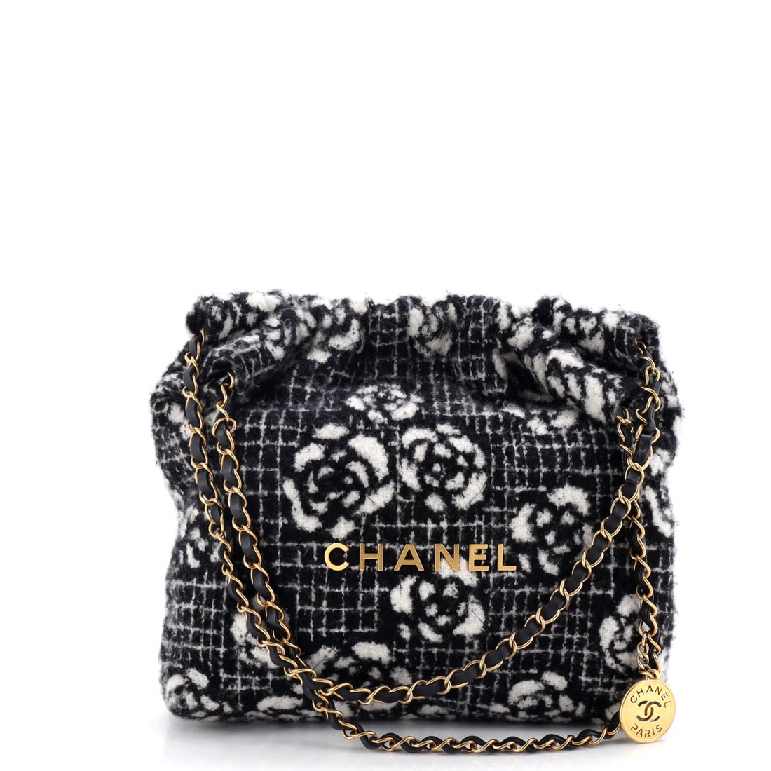 Chanel 22 Chain Hobo Quilted Camellia Cashmere: Camellia cashmere gives the medium 22 a texture the leather versions cannot reach, with the quilting reading as relief rather than stitch line. Dimensions run 12 x 12 x 3 in, the size the line's propo