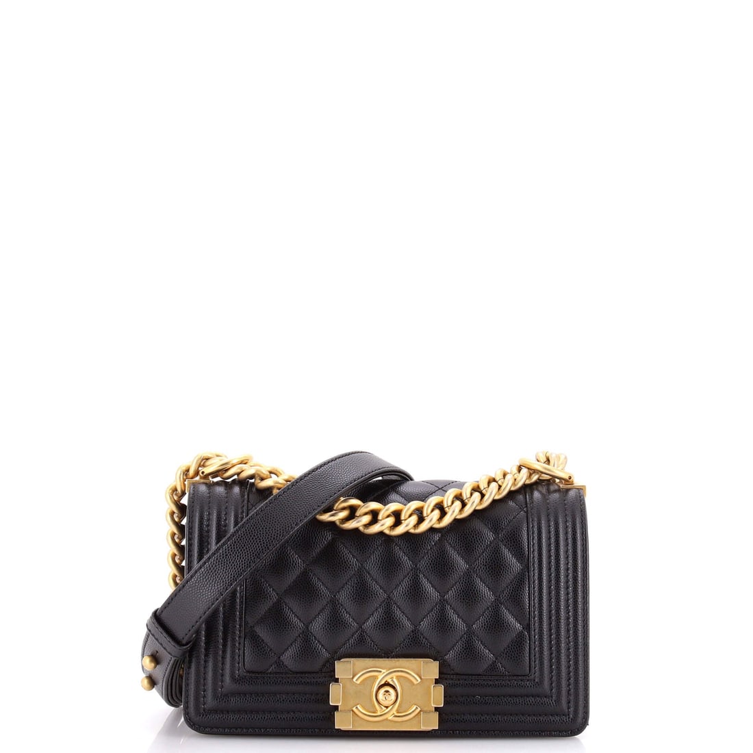 Chanel Boy Flap Bag Quilted Caviar: Quilted caviar in the standard 8 by 5 by 3 inch cut covers the widest range of use in the line, for plain reasons: grain that resists marking, quilting that stays crisp, a frame that holds shape empty