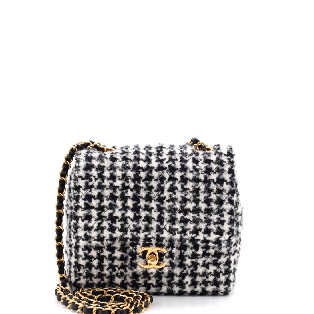 Chanel Square Classic Single Flap Bag Quilted Tweed and Sequins: Sequins set into the tweed put this square flap squarely in evening use, catching light along the quilted channels. Its 6 inch width and 5 inch height keep it small in the hand, the flap closing over 