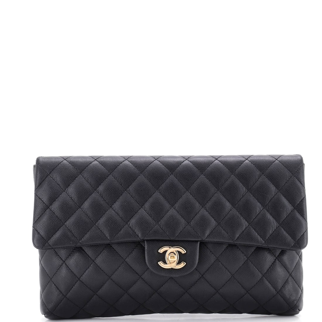 Chanel Classic Flap Clutch Quilted Caviar: A clutch built on classic flap lines, 11 in across and 7 in high, with the quilting laid over pebbled caviar. Two inches of depth is enough for an evening's contents plus a slim wallet, and the flat p
