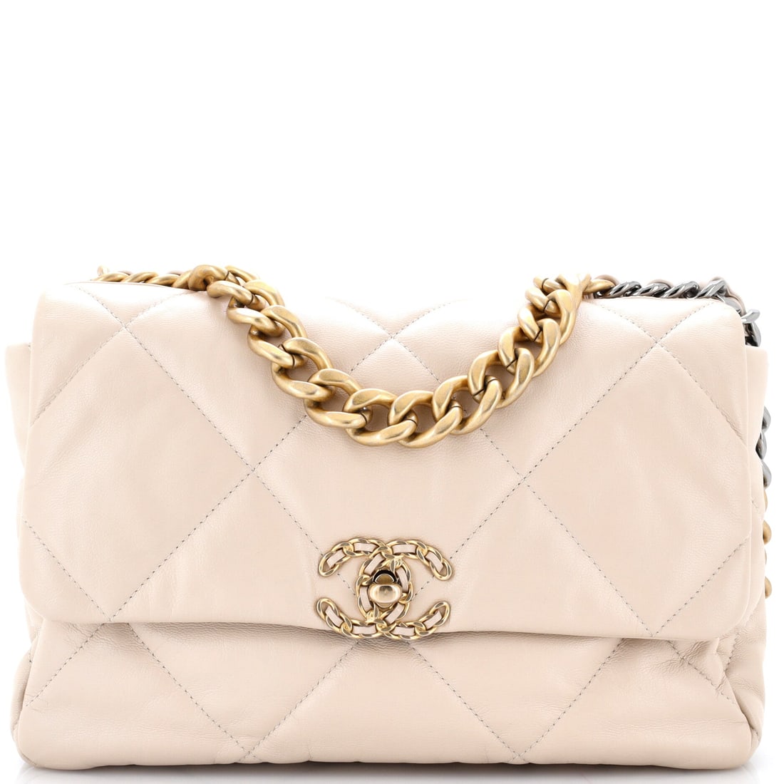 Chanel 19 Flap Bag Quilted Leather: Between the standard and large cuts sits this eleven by eight inch leather 19, built on a four inch base with clear day-bag intent. Worn from the 14.5 inch drop it settles on the shoulder, and the fou