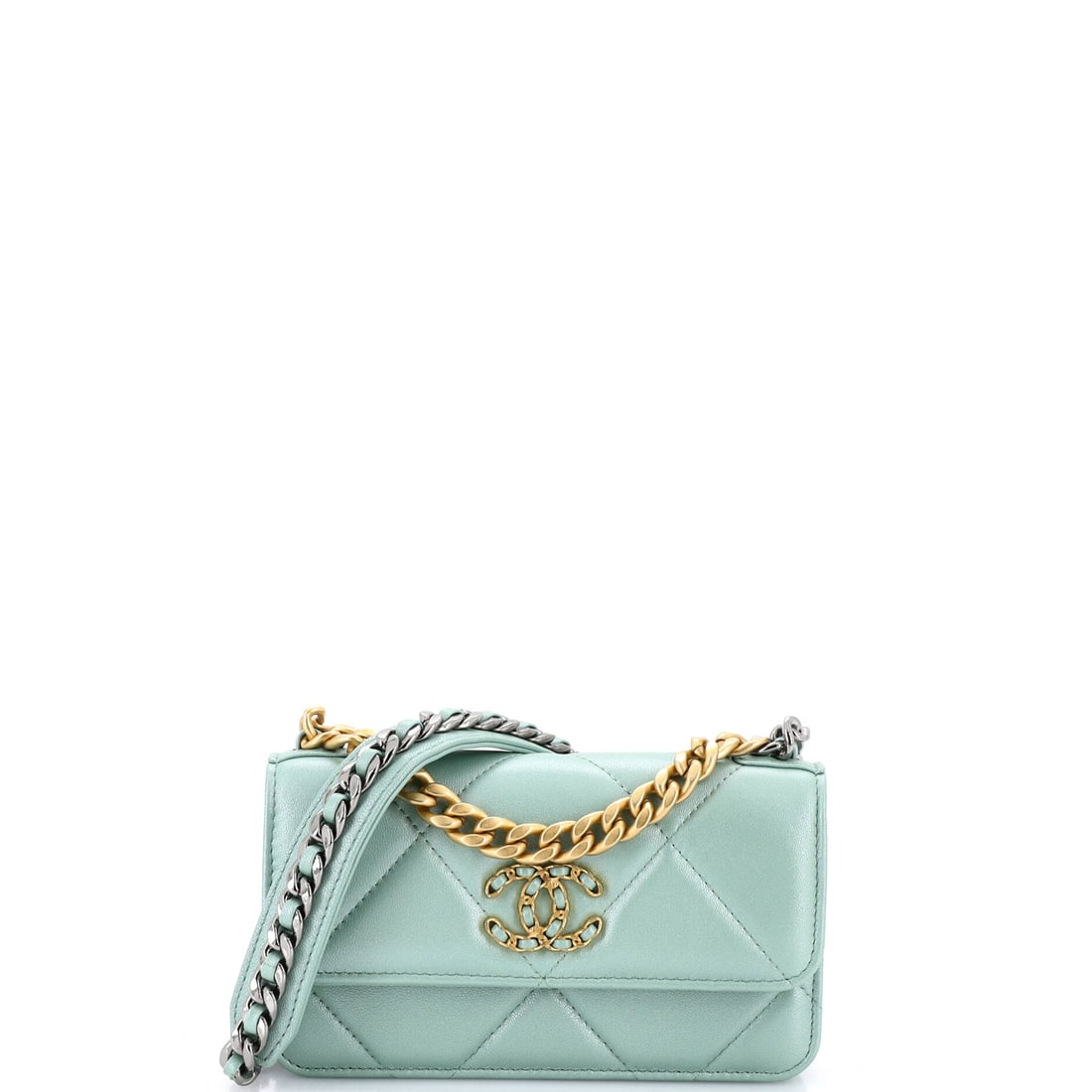 Chanel 19 Flap Phone Holder with Chain Quilted Lambskin: Quilted lambskin at this size shows the 19's diamonds only two or three to a panel, so the pattern reads bolder than the proportions suggest. A 7 x 4 x 1.5 inch shell is small enough to vanish under a