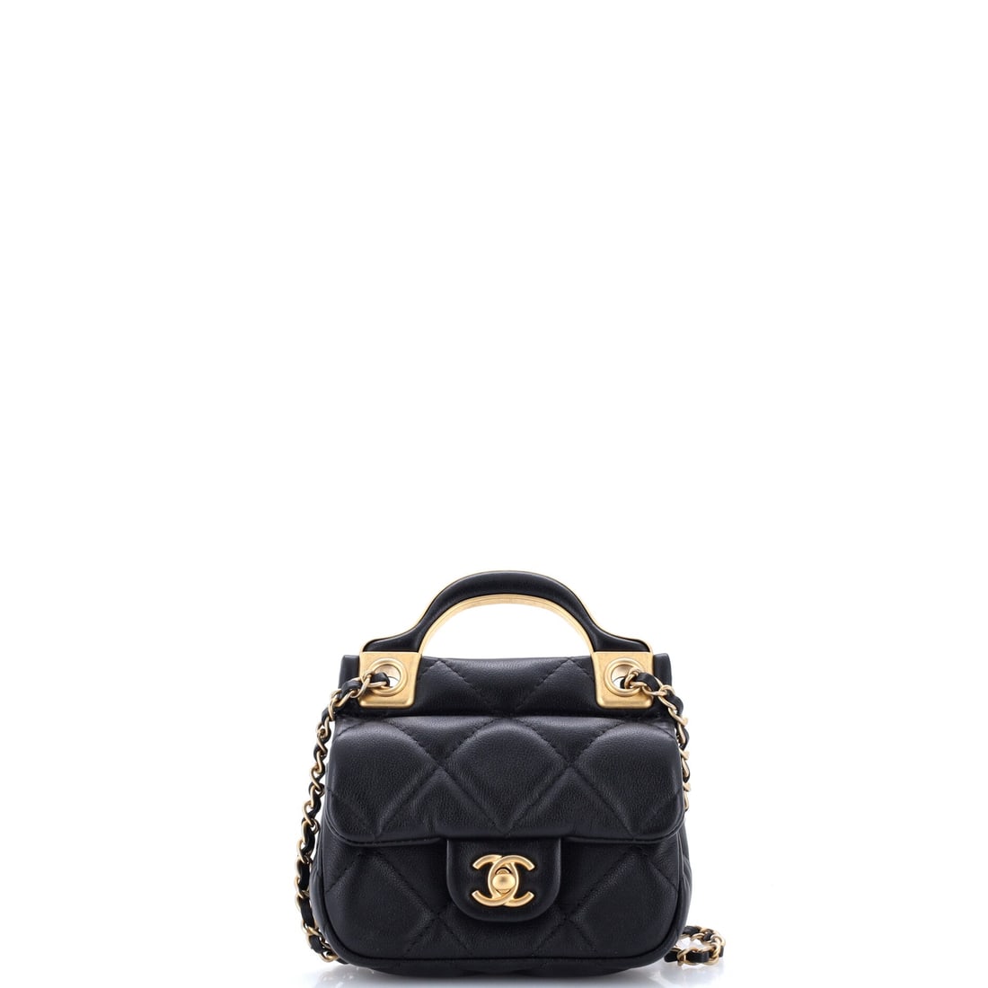 Chanel Lady Handle Flap Card Holder on Chain Quilted Calfskin: Card holder proportions, 4 inches square and 1 inch deep, with a tiny top handle and a 20 inch chain: this is how Chanel turns a wallet into a bag. The card holder is Grade A - Pristine. Quilted calfs