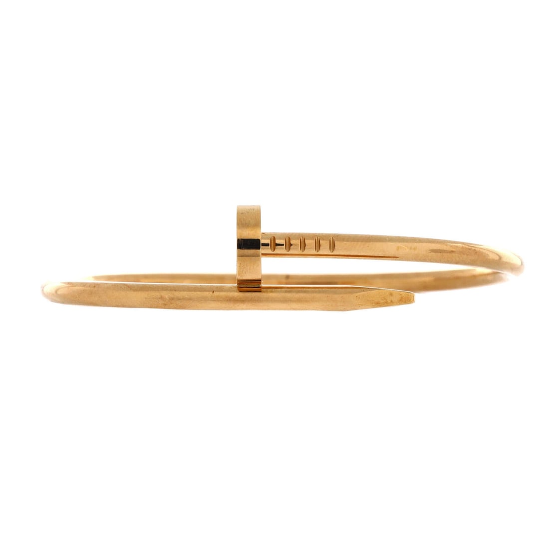 Cartier Juste un Clou Bracelet 18K Yellow Gold: The wide 3.5 mm version has real heft, and in yellow gold on a long fit it becomes a bold wrist piece rather than a layering component. More metal also means the head reads larger and the taper more p