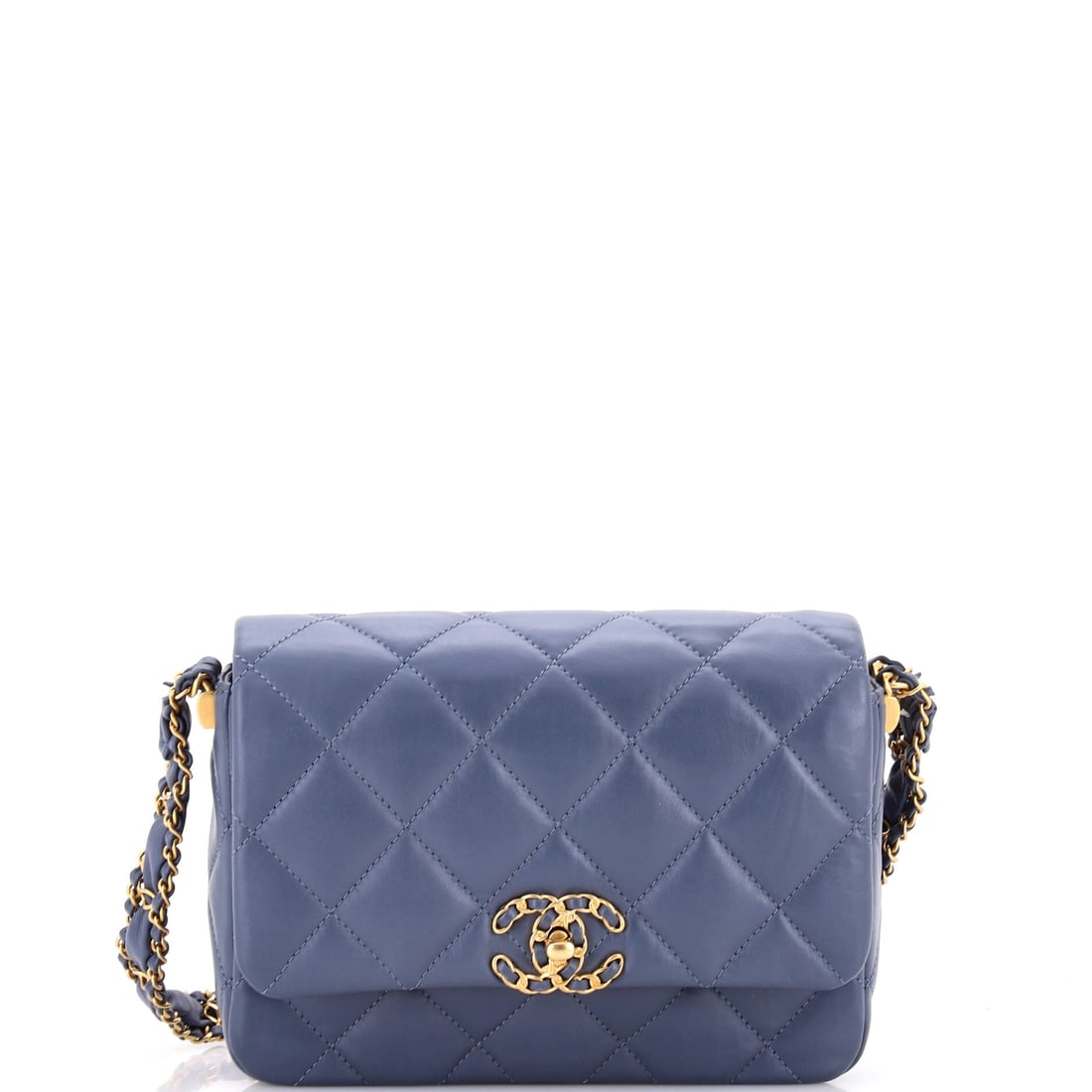 Chanel 19 Braided Strap Flap Bag Quilted Aged Calfskin: Aged calfskin is what gives the 19 its slouch, and at W 8 x H 4.5 x D 3 in this is the small flap: phone, cardholder, lipstick, little more. The braided strap trades the standard mixed-metal chain for