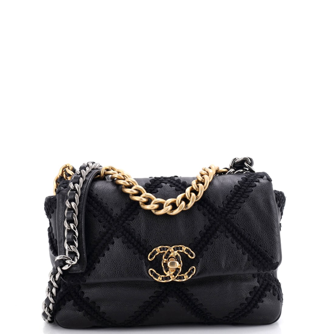 Chanel 19 Flap Bag Crochet Quilted Calfskin: The 19's soft, unstructured body suits crochet-quilted calfskin, which slouches rather than holding a rigid line. Bidders get a 10 inch width on a 3 inch base, roomy enough for a phone, cardholder and
