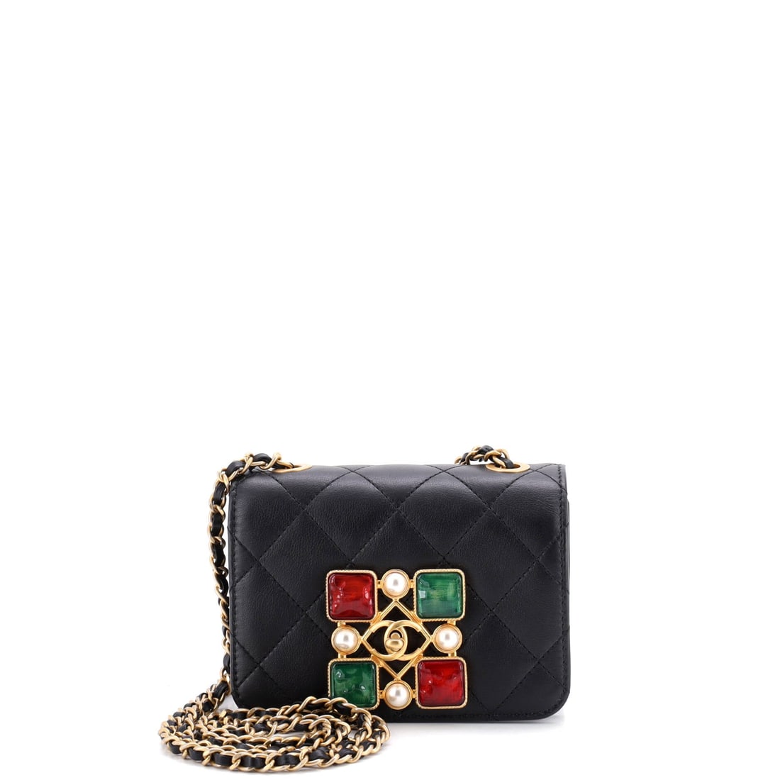Chanel Resin and Pearl CC Full Flap Bag Quilted Calfskin: Mini-adjacent at 5.5 x 4.25 in, this full flap reads as jewelry as much as handbag, with the resin and pearl CC dominating the front. Quilted calfskin keeps the small body from softening out of shape.