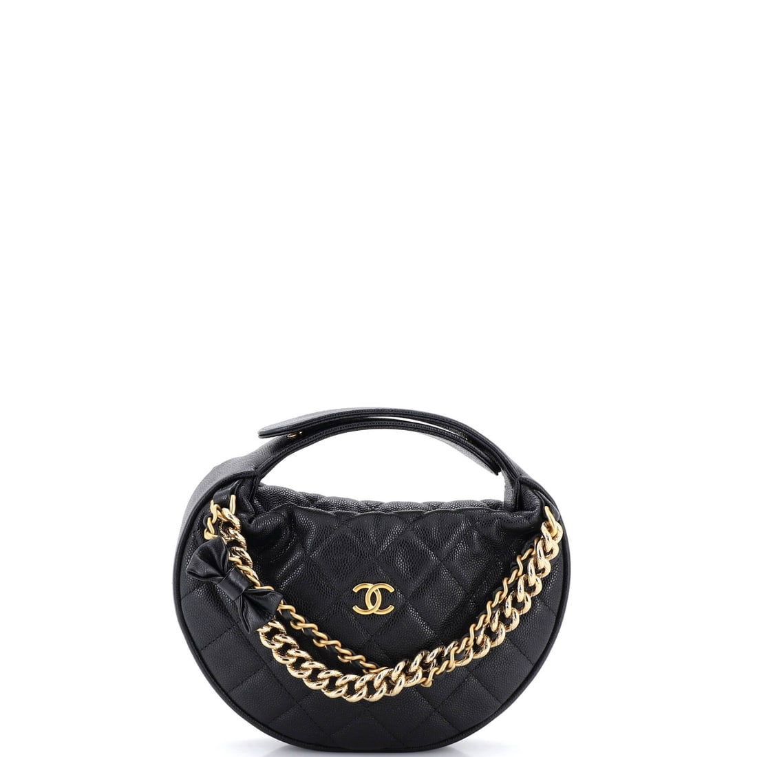 Chanel Double Chain Bow Hobo Pouch Quilted Caviar: Twin chains are the mechanism here, doubling for a shortened shoulder drop or hanging long over the quilted caviar body. The pouch runs 7.5 inches wide by 6.5 high with a 3-inch base, a shape that sta