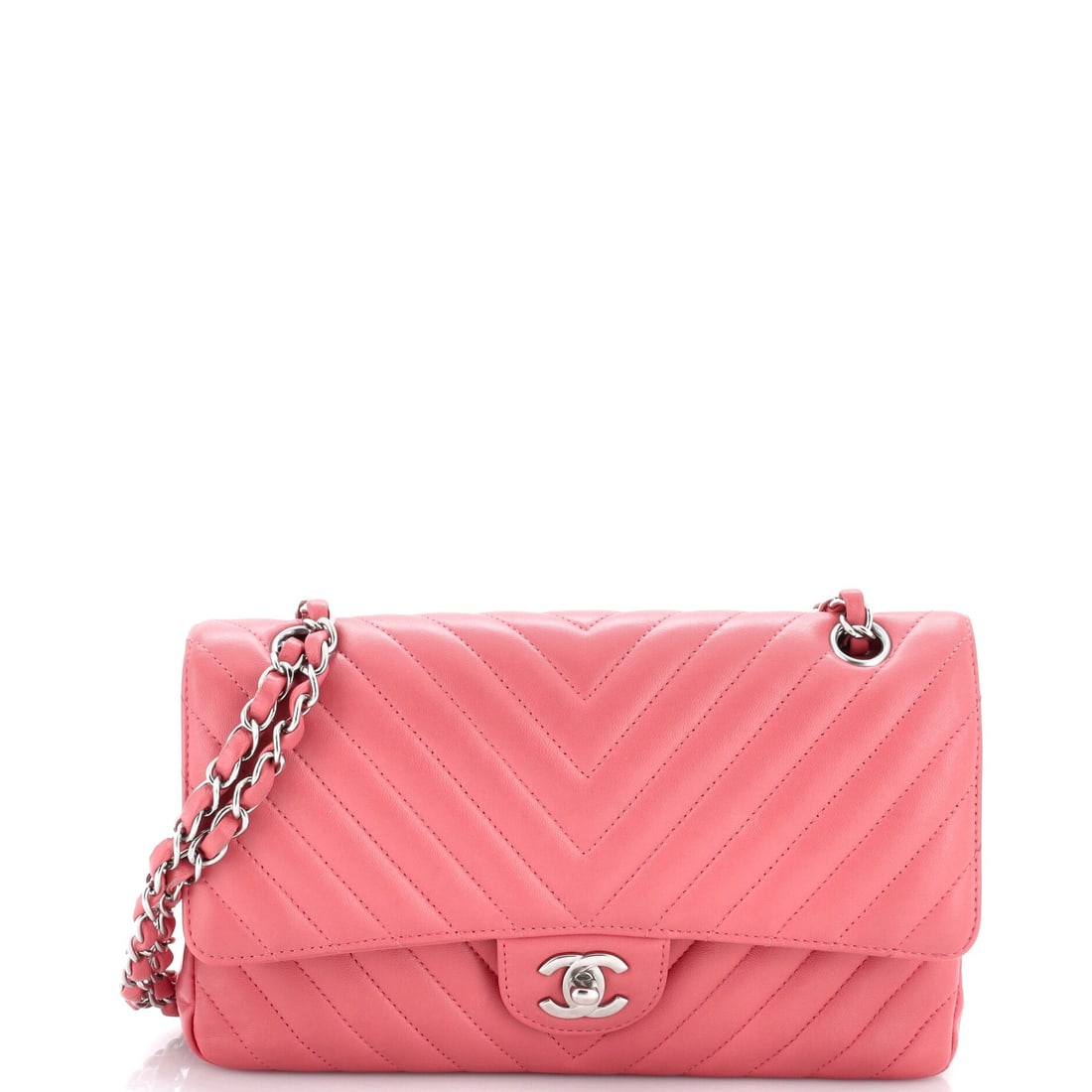 Chanel Classic Double Flap Bag Chevron Lambskin: Ten inches wide and 6 high, this is the medium Classic most bidders are hunting, cut in chevron lambskin rather than the usual diamond. The interlaced leather-and-chain strap and CC turnlock are the f