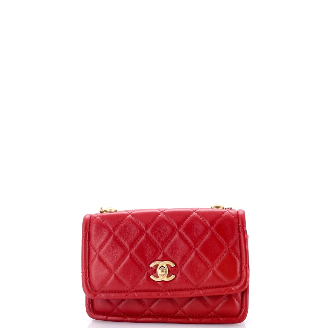 Chanel Button on Top Flap Clutch with Chain Quilted Shiny Lambskin: Shiny lambskin quilting catches light across a low, wide body here, W 7.5 x H 5 x D 2 in, cut long rather than tall. The button-on-top closure spares the flap a turnlock, so the surface stays uninterr