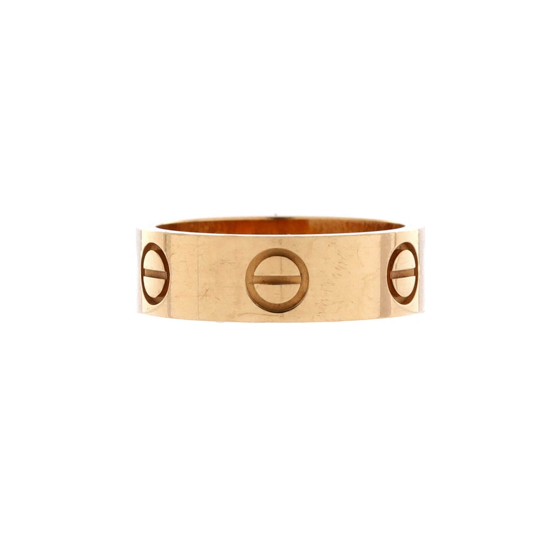 Cartier Love Band Ring 18K Yellow Gold: Plain 18K yellow gold, no stones, just the screw heads circling the band, which is the design at its purest. A width of 5.55 mm makes it a proper band, and the larger size suits a broad hand. Grade C 