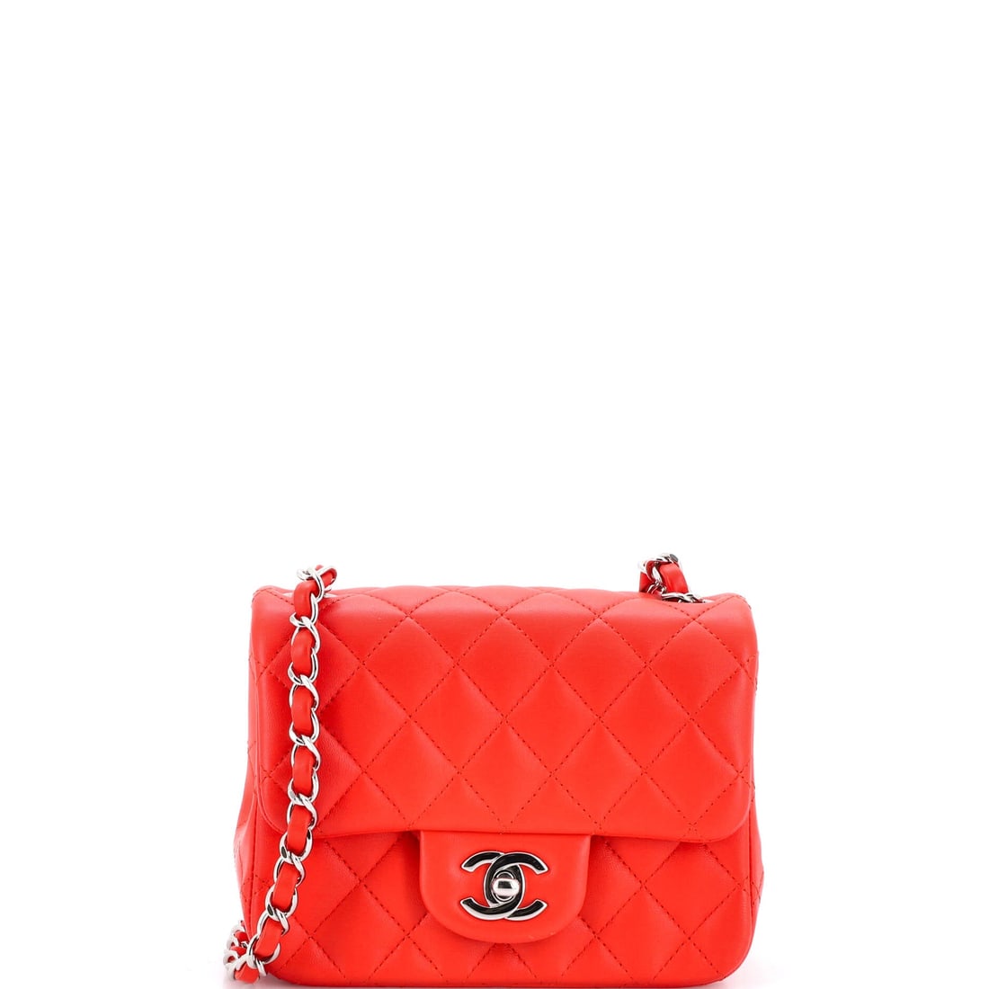 Chanel Square Classic Single Flap Bag Quilted Lambskin: The larger 7 inch square in soft lambskin balances plush quilting against a body that actually holds a wallet. Doubled, the chain sets the drop at 9 inches; run long, it measures 21. Grade B - Excelle