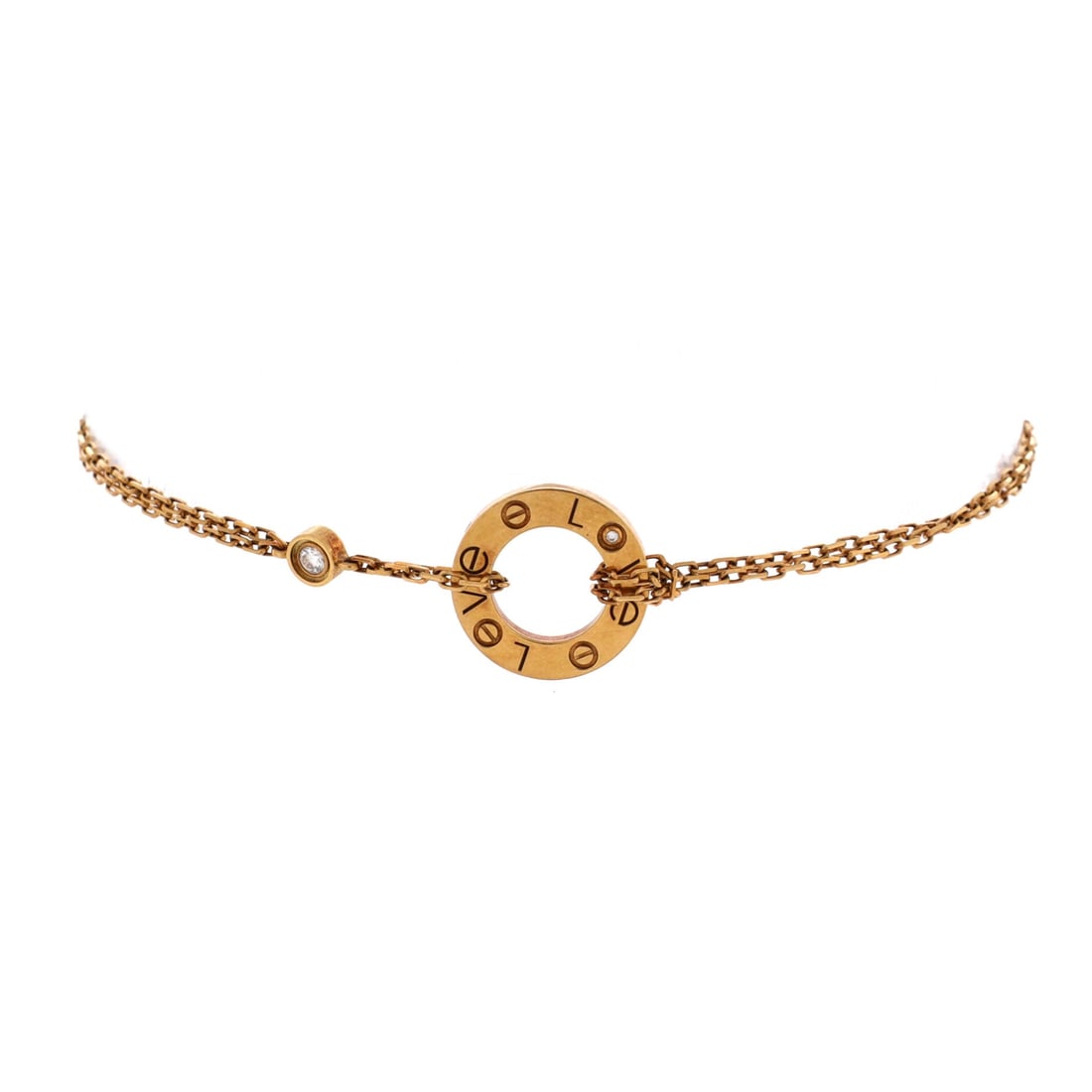 Cartier 2 Diamonds Love Bracelet 18K Yellow Gold with Diamonds: Diamonds replace two screw heads on this 18K yellow gold Love, the variant that keeps the line's hardware language and adds just enough light to register. It is offered in Grade C - Very Good conditio