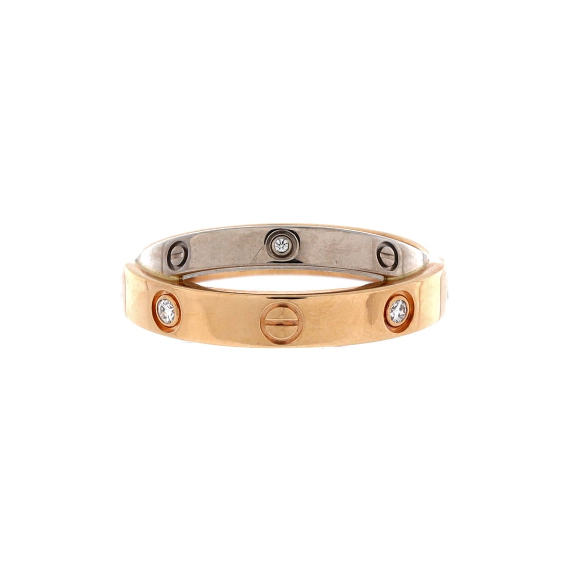 Cartier Love 6 Diamonds Double Ring 18K Rose Gold and 18K White Gold with Diamonds: Two joined bands, one rose gold and one white, carry six diamonds across this Love Double Ring. At 7.55 mm it ranks among the widest of the Love rings and wants an uncluttered hand around it. Grade C 