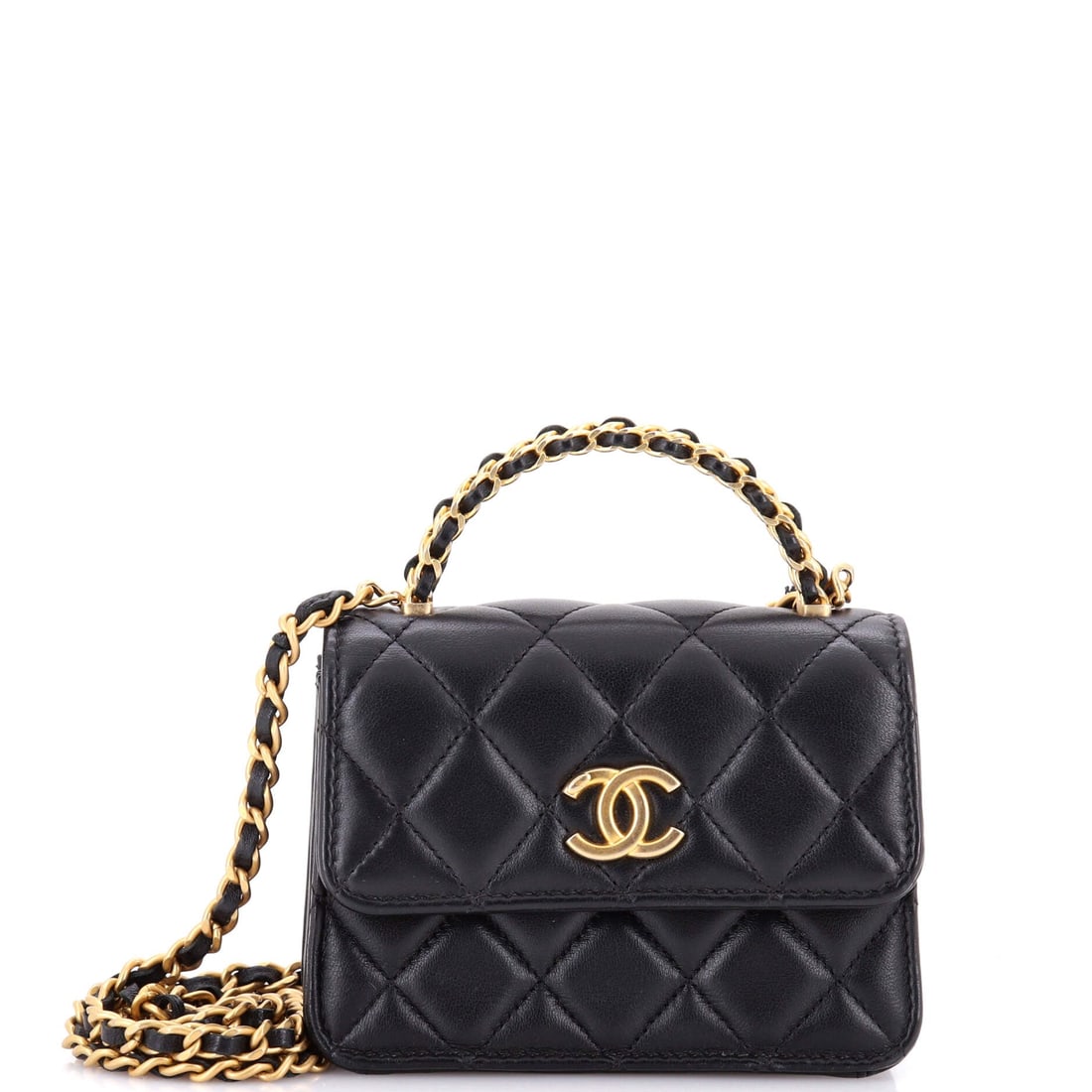 Chanel Woven Top Handle CC Flap Clutch on Chain Quilted Lambskin: Woven lambskin on a 5 x 3 x 2 in clutch makes texture the feature, since there is little surface for anything else. A 23 in chain is long, properly crossbody even over layers, while the 1.5 in top han
