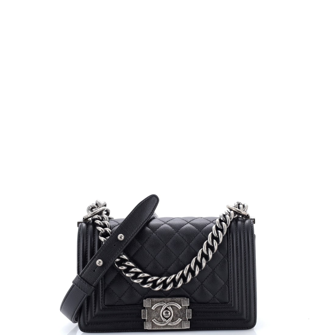 Chanel Boy Flap Bag Quilted Caviar: Flap up, the interior is a single lined compartment with no dividers to fight, which is why an 8 by 5 by 3 inch Boy holds more than its dimensions suggest. Caviar keeps the quilting defined and tolera
