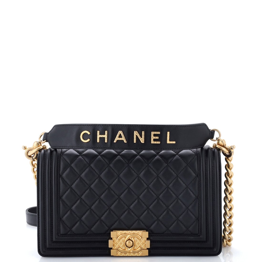 Chanel Logo Top Handle Boy Flap Bag Quilted Calfskin: Adding a top handle changes how a Boy behaves: carried by hand it loses the slouch and becomes architecture. This one runs 9.5 by 6 inches on a 3 inch base, and the 20 inch strap drop still allows cro