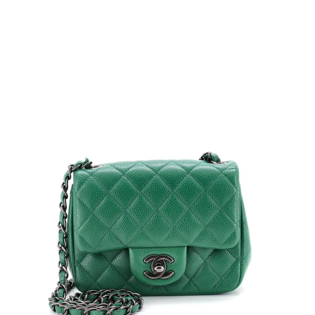 Chanel Square Classic Single Flap Bag Quilted Caviar: Quilted caviar wears in rather than out, and on a 6.5 by 5 inch square flap the texture does most of the visual work. Three inches of depth keep a phone, keys and card case upright instead of stacked.