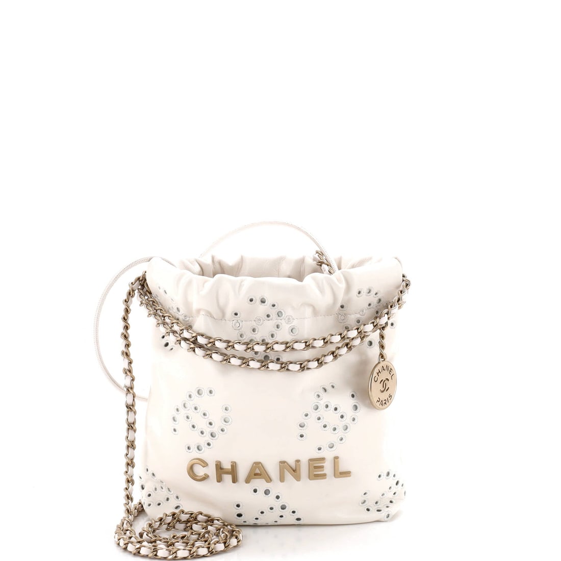 Chanel 22 Chain Hobo CC Eyelet Embroidered Calfskin: Eyelet-embroidered CCs punched across calfskin give this 22 hobo its texture, and the soft slouch of the shape lets that surface fold and move. At 7 inches across, 7.5 high and 2.5 deep, it stays flat