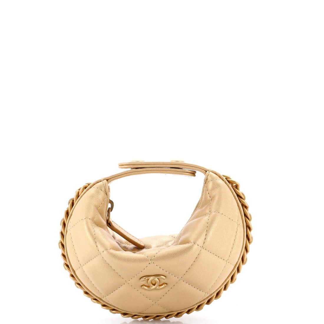 Chanel Chain Around Hobo Pouch Quilted Lambskin: Proportion is everything on the small pouches, and 6 by 4 inches with an inch of depth is the most compact configuration in this run. The chain frames rather than tops the bag, which is what separates