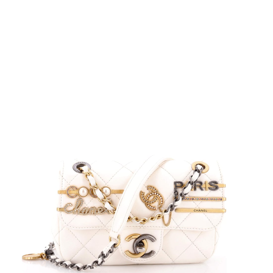 Chanel Coco Clips Flap Bag Embellished Quilted Lambskin: Coco Clips brings embellishment onto a small quilted lambskin flap, so the decoration carries the bag rather than the size. Depth of 3 inches on a 6.5 by 4.5 inch body makes it unexpectedly boxy and a