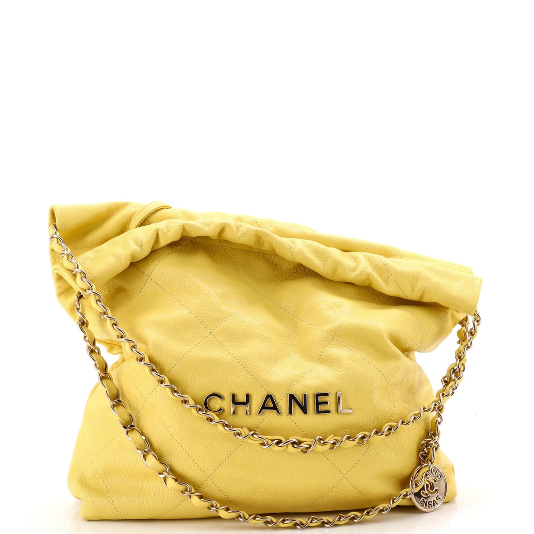 Chanel 22 Chain Hobo Quilted Caviar: Caviar is the practical choice on a 22, holding its grain where smoother leathers scuff, and it works well across this 12 in square body. Depth of 3 in gives useful volume without bulk. Grade B - Exce