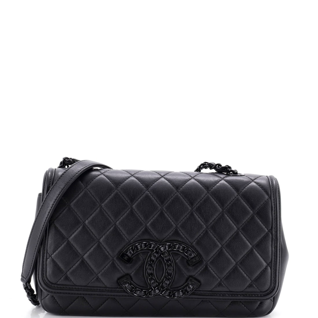 Chanel Filigree Flap Bag Quilted Lambskin with Chain Detail: Chain detail threaded through the flap gives the Filigree its name and its texture, catching light against soft quilted lambskin. The body is long and shallow at 9.5 inches across, 6 high and 2.5 deep