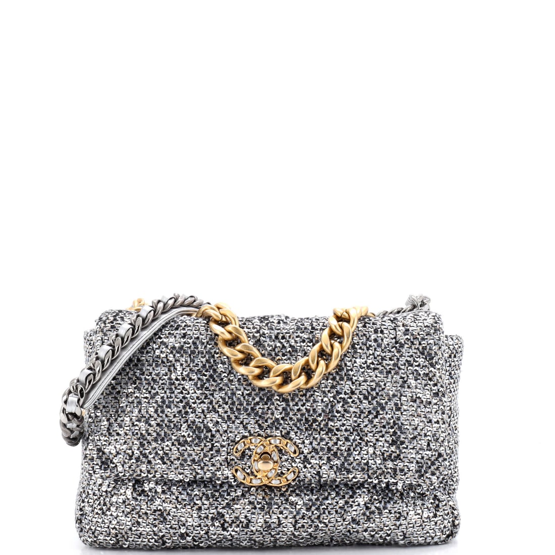 Chanel 19 Flap Bag Quilted Sequins: Eleven and a half inches across is the widest this bag reads, and the slouch is pronounced enough that the bag settles into a soft rectangle when set down. Depth holds at 3 inches, so a long wallet an