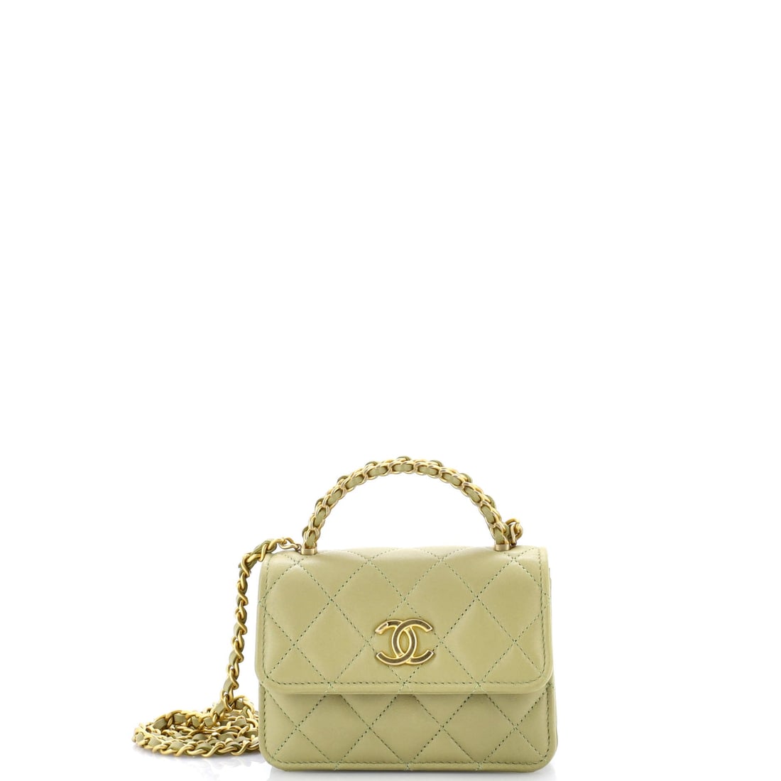 Chanel Woven Top Handle CC Flap Clutch on Chain Quilted Lambskin: Handle up for a clutch hold, chain out for crossbody: this woven lambskin flap does both on a 5 x 3 x 2 in frame. The chain measures 23 in, generous enough to clear a winter coat, and the handle drop 