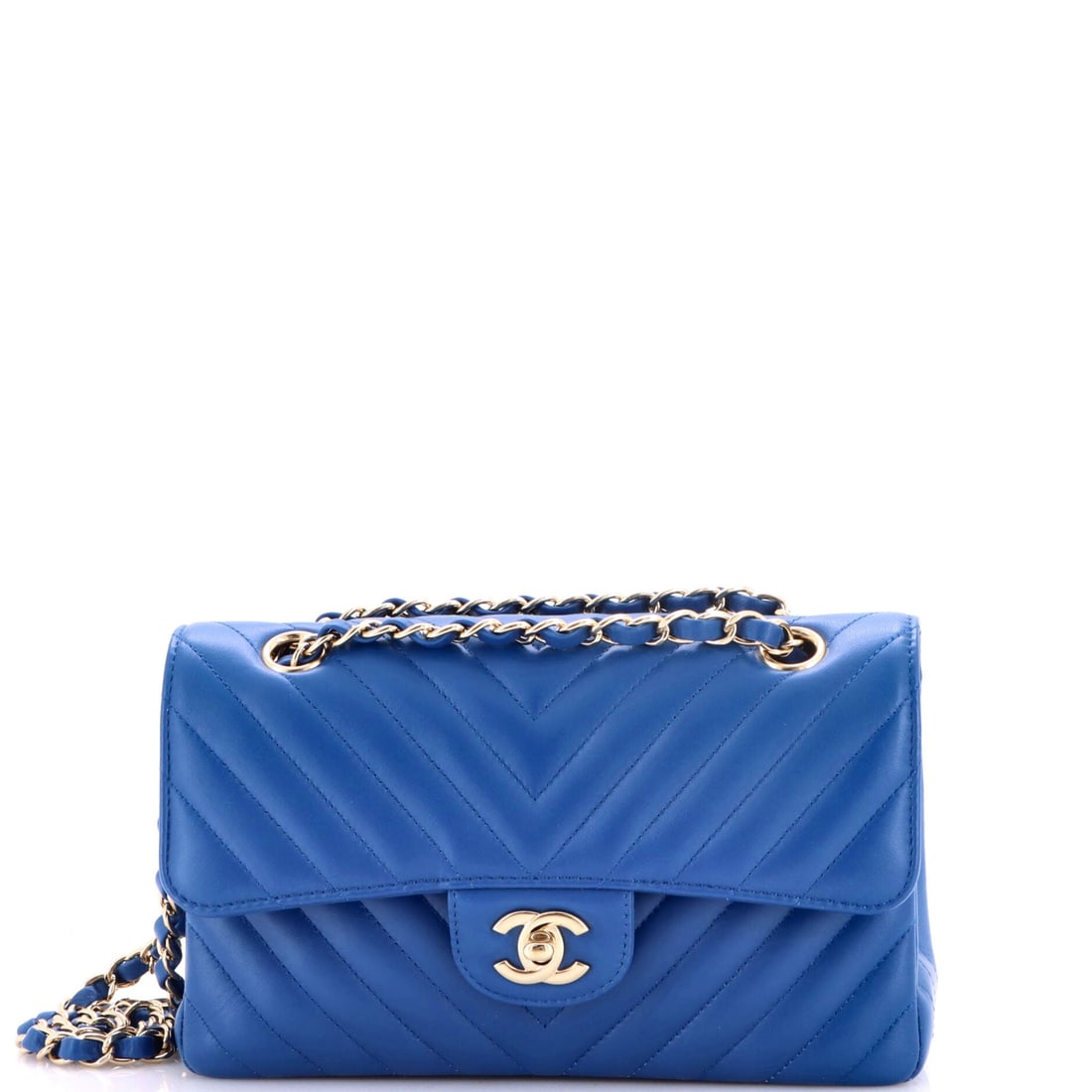 Chanel Classic Double Flap Bag Chevron Lambskin: Slightly smaller in the hand at 9 by 5.5 inches, this chevron lambskin flap keeps the full 3 inch depth, so it loses footprint without losing much room. The chain runs longer too, 10 inches doubled an