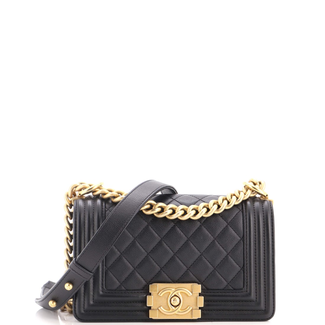 Chanel Boy Flap Bag Quilted Caviar: Between the Classic Flap and this one, the difference is attitude: the same quilting, harder lines, heavier hardware. Quilted caviar at 8 by 5 by 3 inches with an 11.5-inch shoulder drop is a size tha