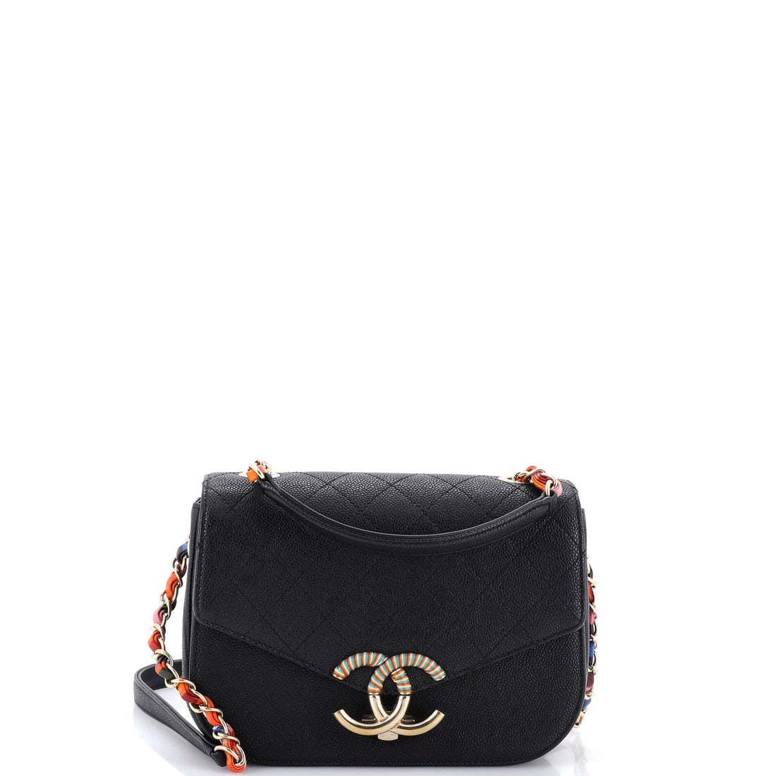 Chanel Thread Around Flap Bag Quilted Caviar: A slightly smaller Thread Around at 8 by 6 inches, this one trades width for a deeper 3 inch body, so contents sit more upright. The threaded chain traces the flap edge and carries on into the 22 inch