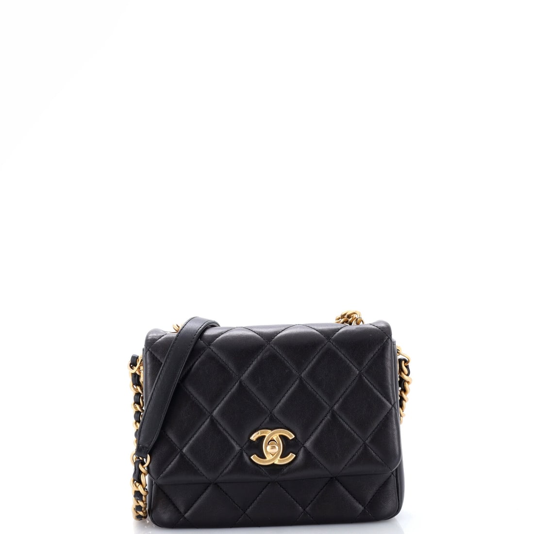 Chanel Side Note Flap Bag Quilted Lambskin: Side Note takes the flap format and slims it to 2 in deep, so it lies flat against the body on a 21 in strap. The 7.5 x 6 in front is nearly square, which changes how the quilting scans compared with 