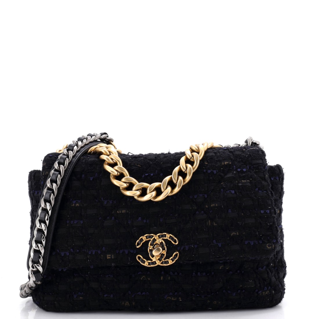 Chanel 19 Flap Bag Quilted Tweed and Ribbon: Twelve inches wide, 8 high and 4 deep, this is the 19 at maxi scale, and the tweed and ribbon surface carries across the bigger panels without looking busy. The 15 in strap drop is short for the model