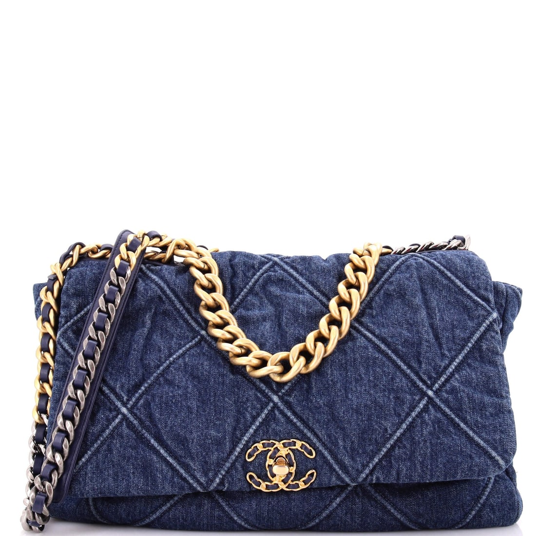 Chanel 19 Flap Bag Quilted Denim: Fifteen inches wide and 9.5 tall, this sits at the maxi end of the 19 range, and denim keeps a bag that size from feeling heavy. Grade B - Excellent, and it wears its size well. A 14.5 inch strap drop