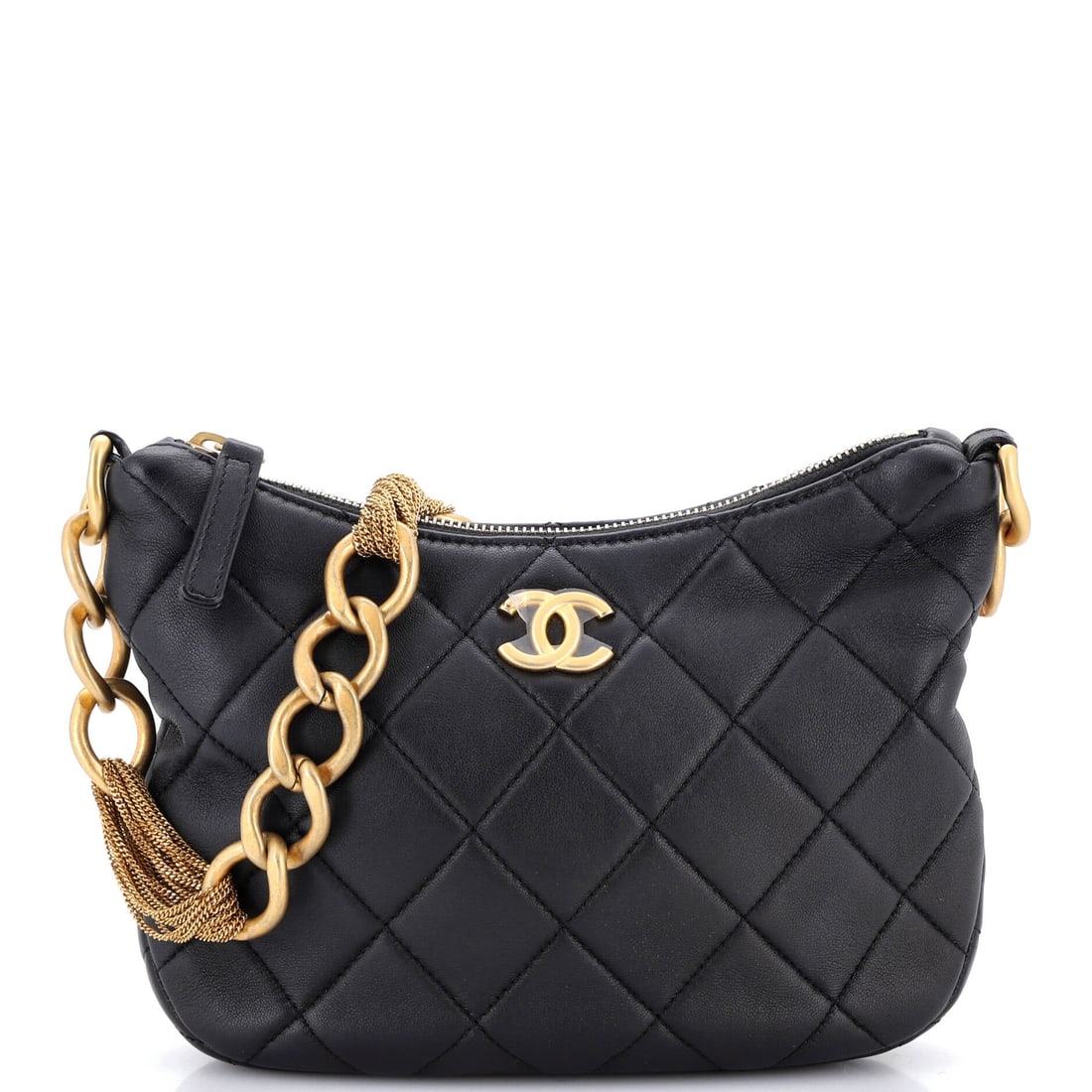 Chanel CC Mixed Chain Link Zip Hobo Quilted Lambskin: Quilted lambskin slouches over an 8 by 6 inch body here, and the zip closure keeps that softness from becoming an open invitation. The mixed-link chain reads deliberately irregular against the even di