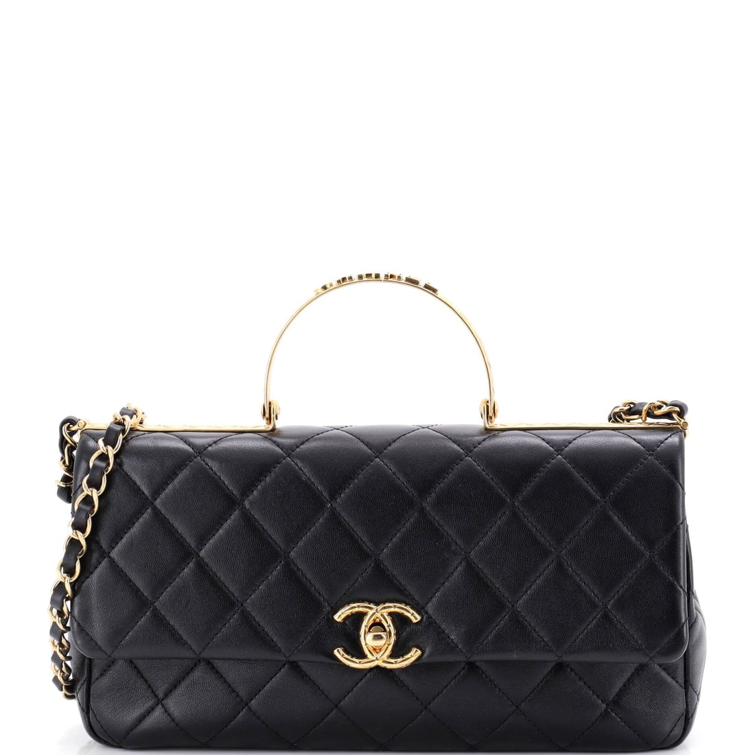 Chanel Logo Quilted Metal Top Handle Flap Bag Quilted Lambskin with Metal and Crystals: Metal and crystal detailing across the logo panel pushes this top handle flap into evening territory, though at 10.5 inches wide it is nothing like a minaudiere. The long, low format, 5.5 inches high 