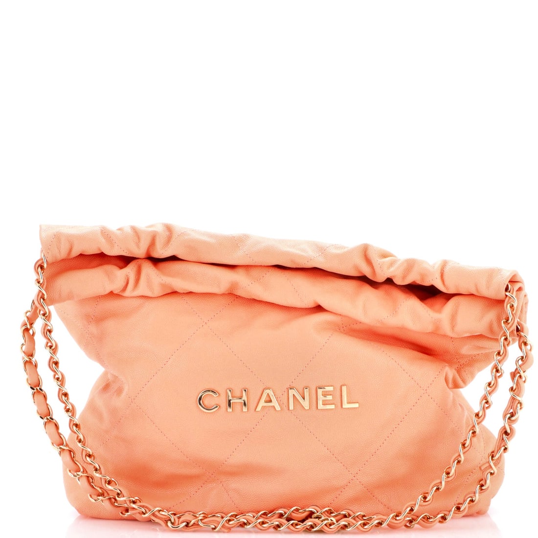 Chanel 22 Chain Hobo Quilted Caviar: Medium 22 in caviar, 12 in square with a 3 in floor, is arguably the most usable combination the model offers. The grained leather resists the corner rub that softer finishes show first. Grade B - Exc