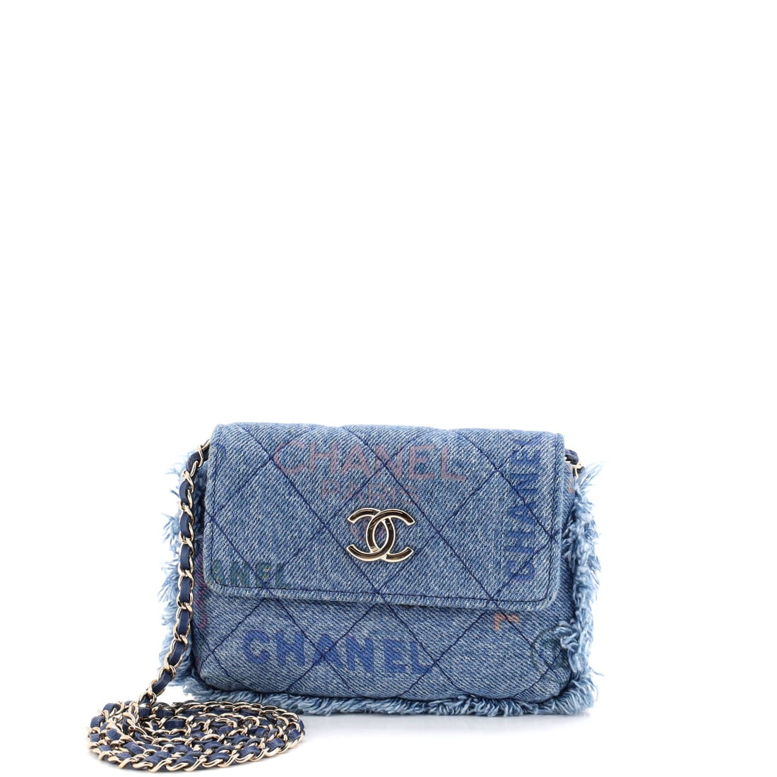 Chanel Denim Mood Flap Clutch with Chain Logo Printed Quilted Fringe Denim: Printed logos over quilted denim make the surface busy in the intended way, and the fringe finishes it with a deliberately casual edge. The 6 inch width and 4 inch height keep the interior to essentia