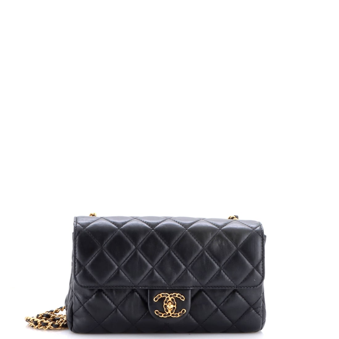 Chanel Chain Woven CC Accordion Flap Bag Quilted Lambskin: Leather woven through the chain softens the strap on this accordion flap and keeps the links from catching on knitwear. Gussets let the 2 inch depth open out when needed, while the 8.5 by 6 inch body 