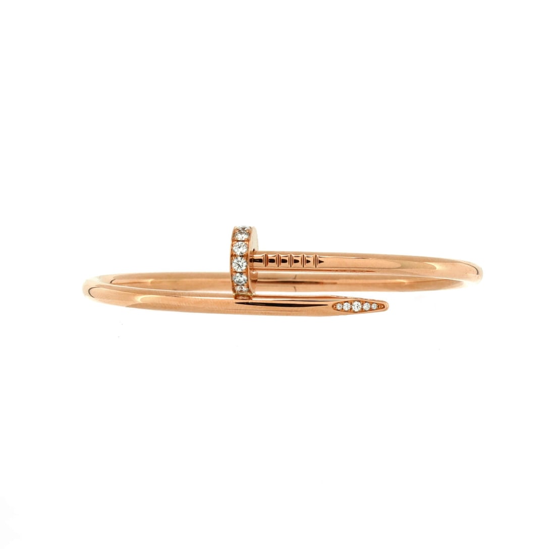 Cartier Juste un Clou Bracelet 18K Rose Gold with Diamonds: Diamond setting shifts the wrapped nail away from its hardware origins and toward straightforward fine jewelry, and rose gold warms the stones further. The shank measures 3.45 mm, the broader scale, w