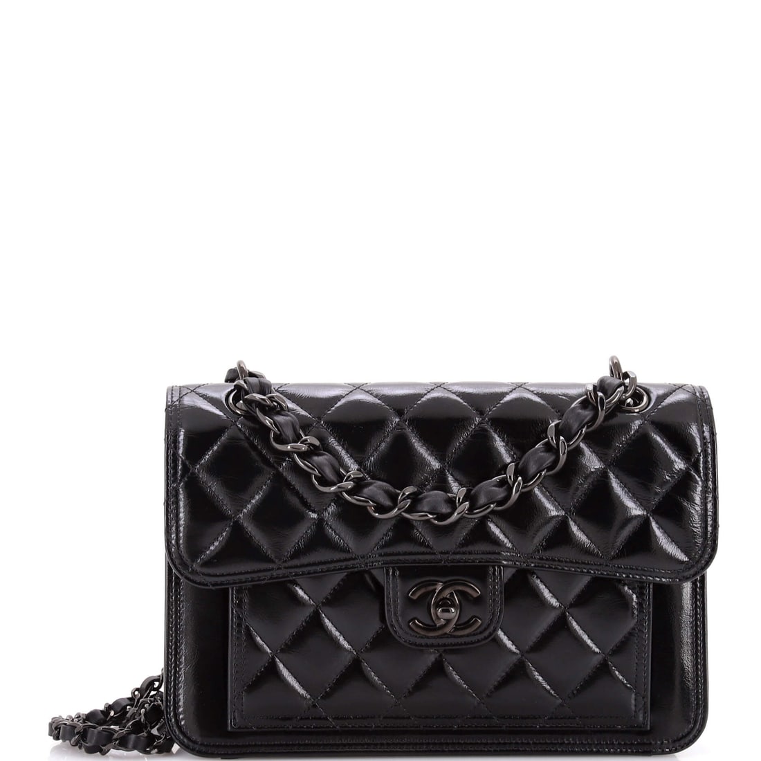 Chanel So Black Double You CC Flap Bag Quilted Shiny Crumpled Calfskin: Shiny crumpled calfskin is the unusual part here, a textured surface that catches light even under the So Black treatment, while the doubled CC closure gives the front an oversized logo read. At 10.5 