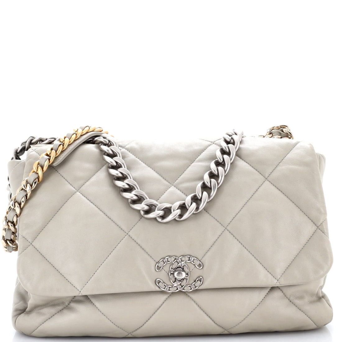 Chanel 19 Flap Bag Quilted Leather: The widest 19 cut runs fifteen inches across, and in quilted leather it carries genuine presence on the shoulder. Depth of 4.5 inches and a ten inch height give tote capacity behind a flap front. Grad