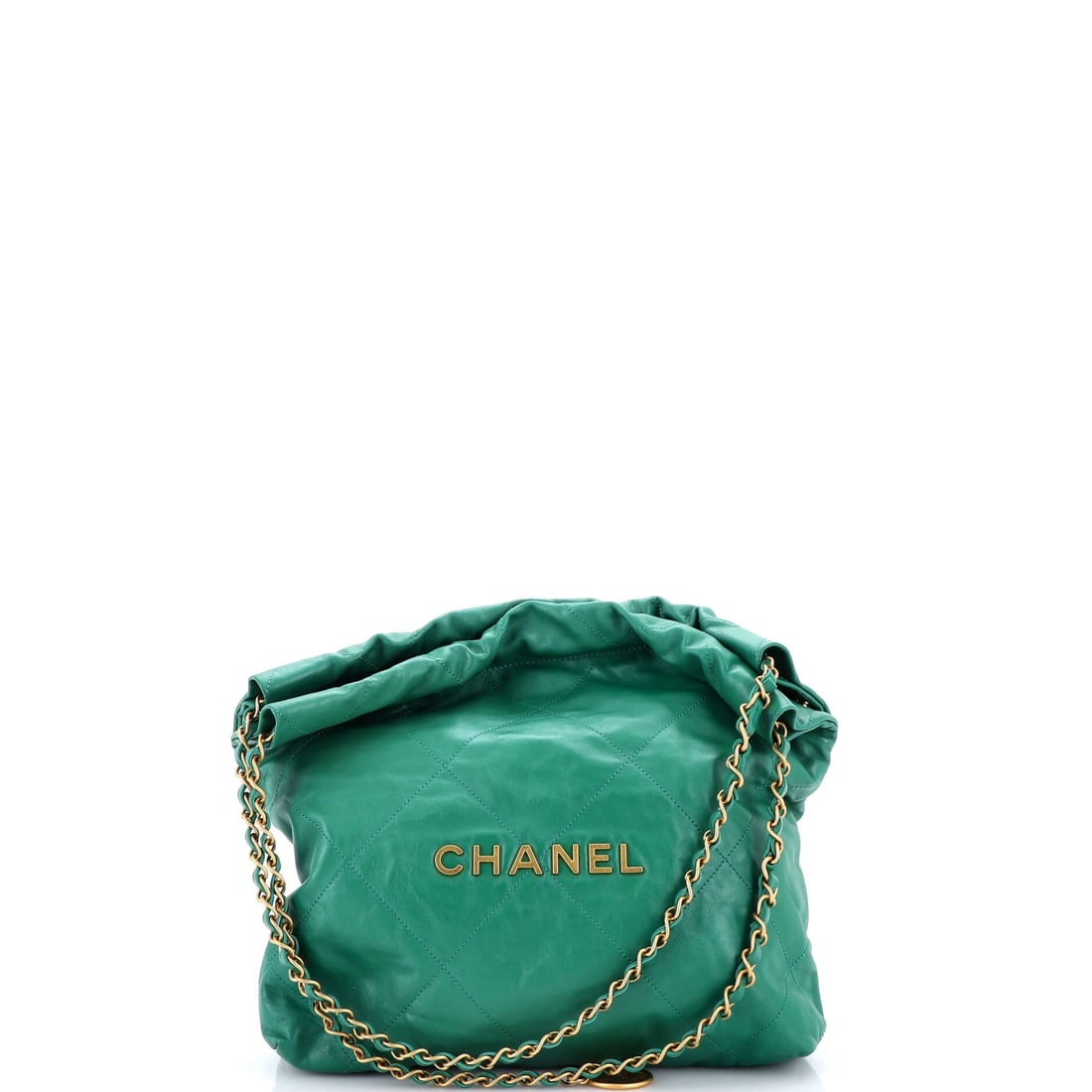 Chanel 22 Chain Hobo Quilted Calfskin: Medium is the size most bidders picture when they picture a 22, and this quilted calfskin example runs 12 x 12 x 3 in. Nine inches of handle drop is a true shoulder carry, not an underarm compromise. 