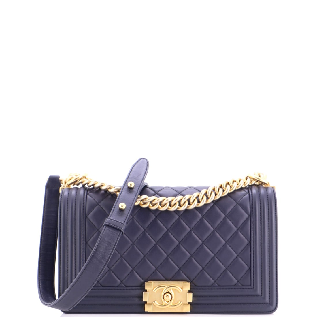 Chanel Boy Flap Bag Quilted Lambskin: Ten inches wide moves the lambskin version into day-bag territory, and at 10 by 6 by 3 inches this one swallows a diary, pouch and phone with room over. A 20-inch strap spreads that across the body; d