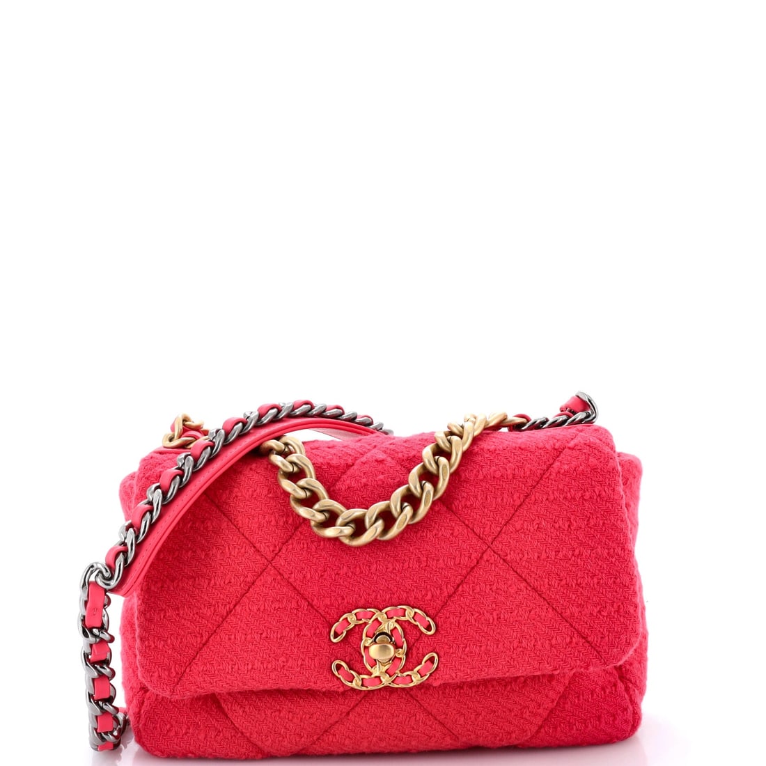 Chanel 19 Flap Bag Quilted Tweed: Chain, handle and turnlock all carry the 19's signature mixed metals, and against tweed that contrast is far more obvious than it is on black calf. The body runs 10 inches wide by 6 high by 3 deep, si