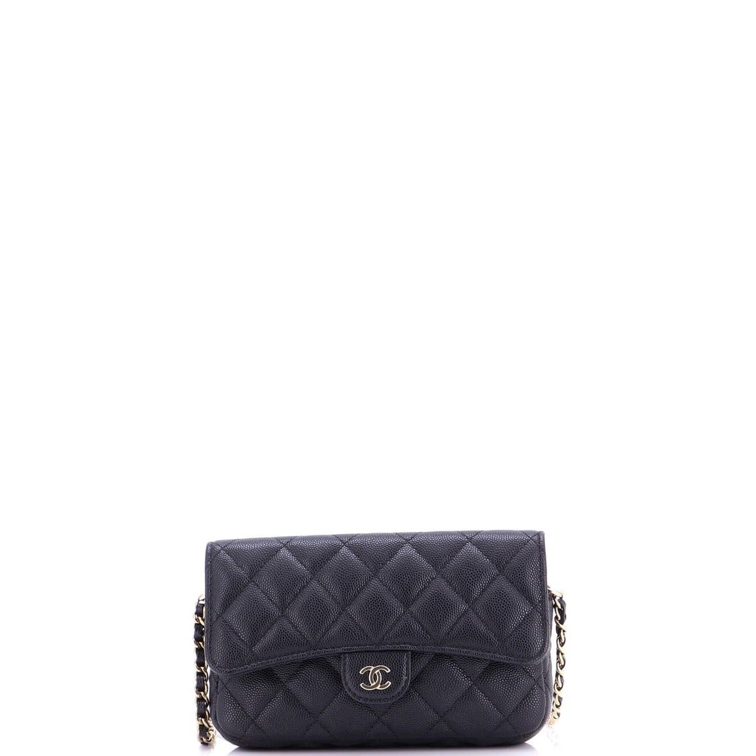 Chanel Classic Flap Phone Holder with Chain Quilted Caviar: Phone holders in quilted caviar have become the practical end of the classic flap line, and this one measures 7 x 4 x 2 in. That is room for a large handset plus cards, with the chain leaving both han